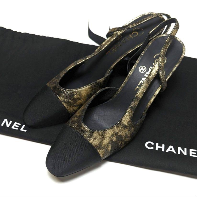 未使用さん♥CHANELシャネル ガンメタゴールド スリングバックパンプス38