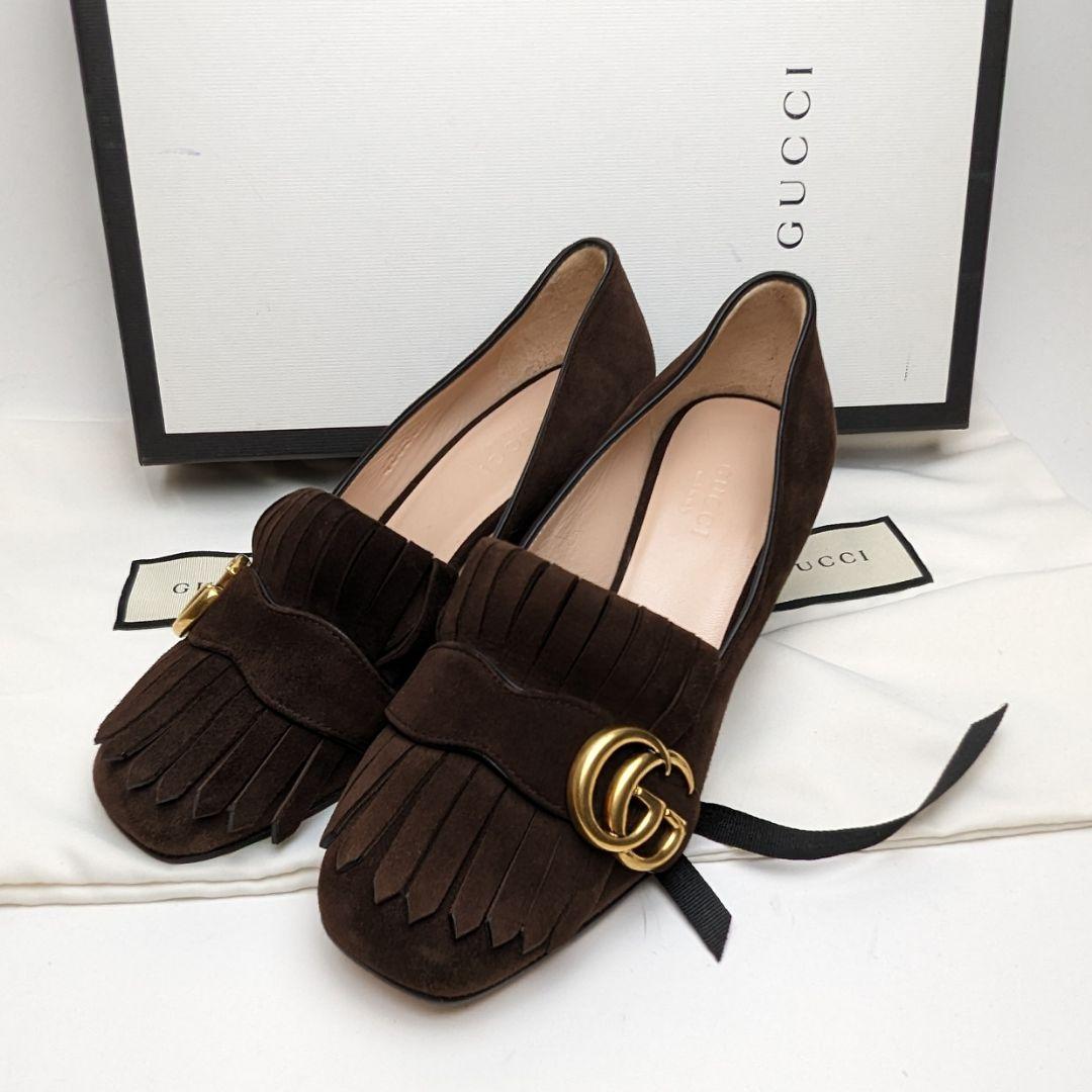 新品そっくりさん⭐GUCCIグッチ スエード GGマーモントフリンジパンプス34