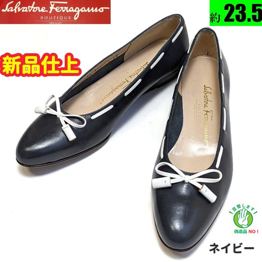 新品そっくりさん⭐フェラガモFerragamo リボンパンプス　7　ネイビー