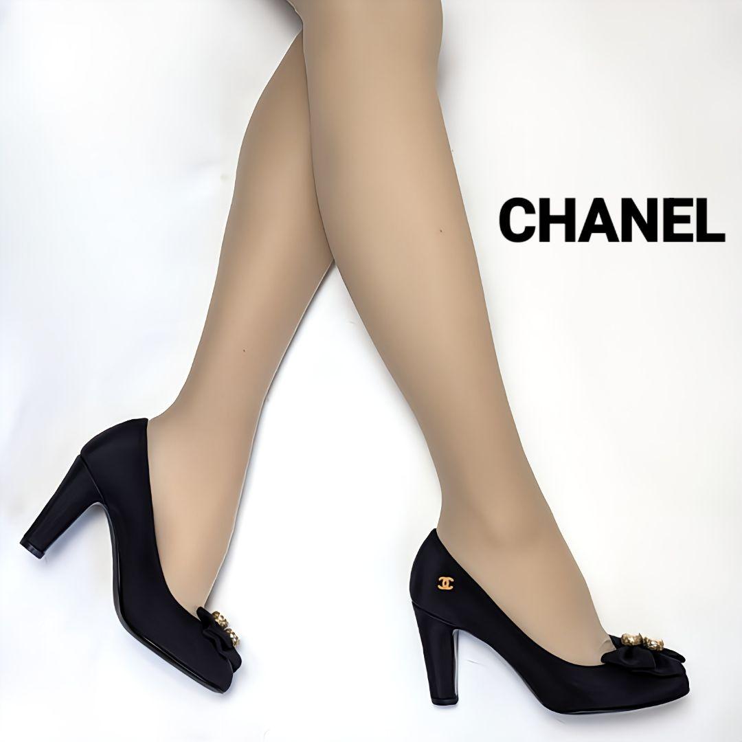 未使用さん♥CHANELシャネル　サテン　パール　ヒールパンプス　35C　黒