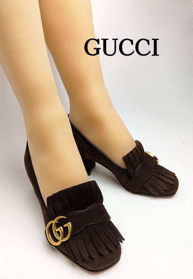 定番の中古商品 GUCCI グッチ 金具 フリンジ ロゴ ハイヒール 黒