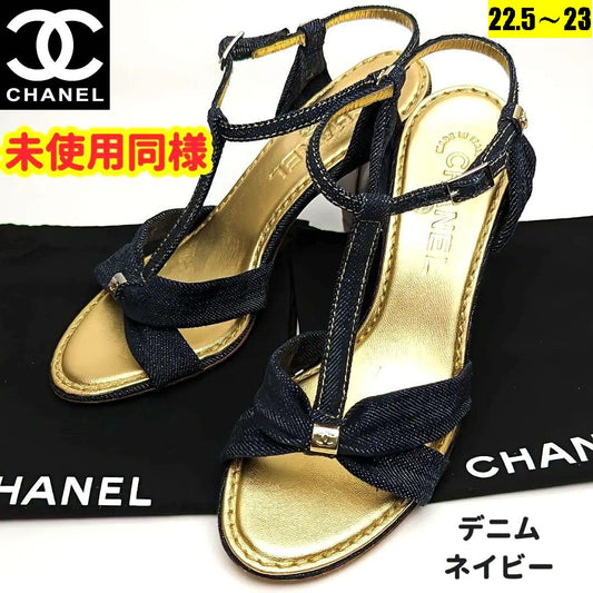 未使用同様美品❤CHANELシャネル　デニム　ストラップサンダル　36Cゴールド